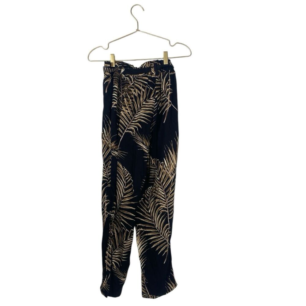 HM Womens Black Tan Tropical Palm Leaf Paperbag Waist Tapered Pants Size 6 - Picture 5 of 7